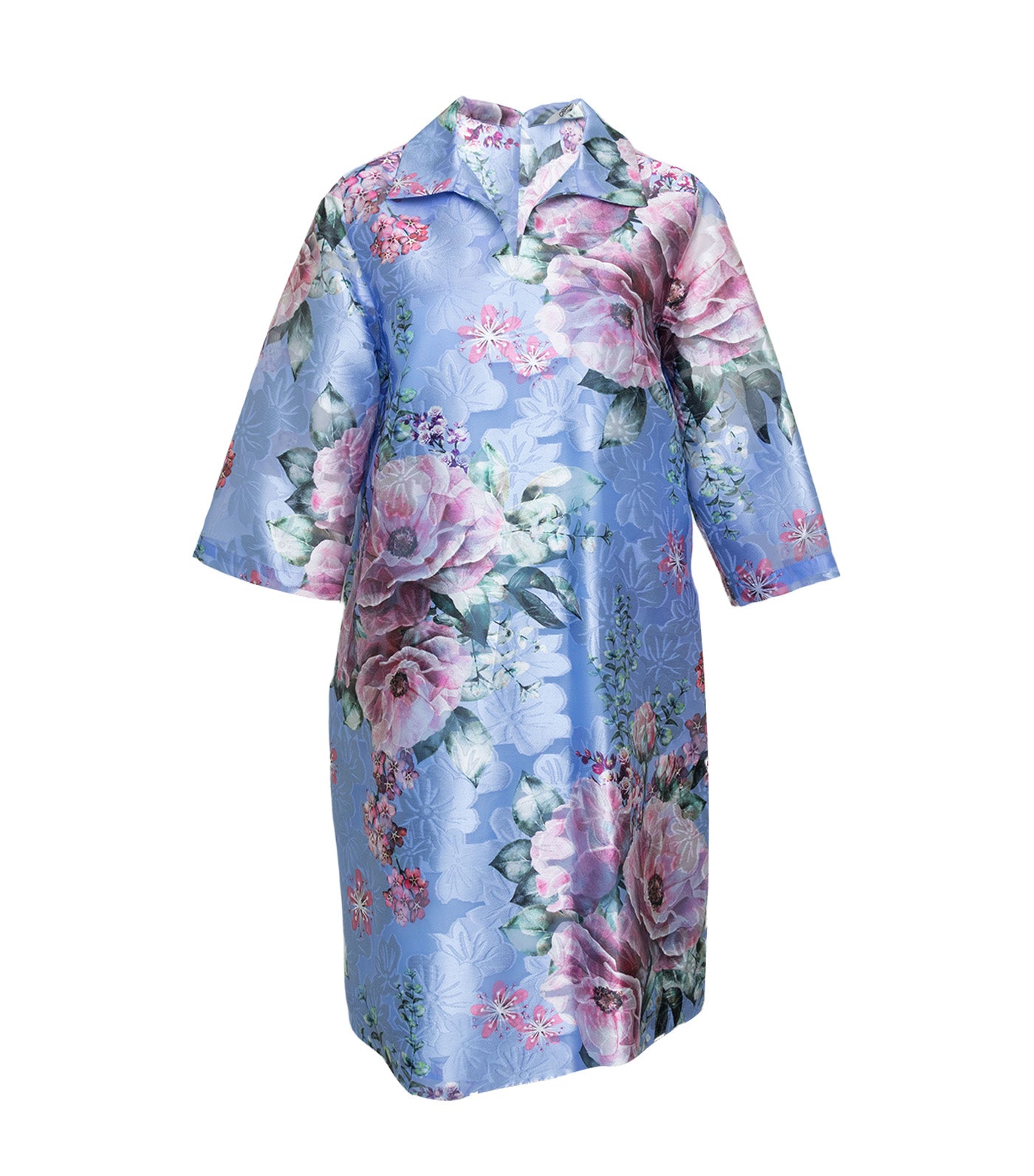 Ellen Dress Zip Front Open Blue and Pink Floral Print