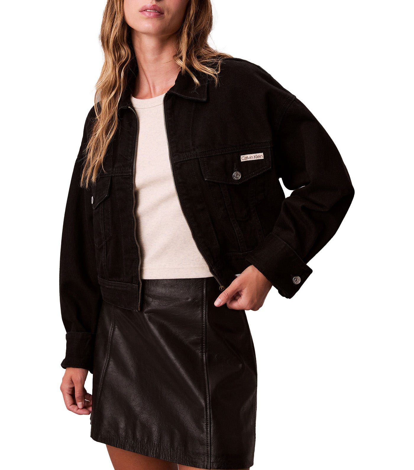 Cropped Zip Up Denim Jacket