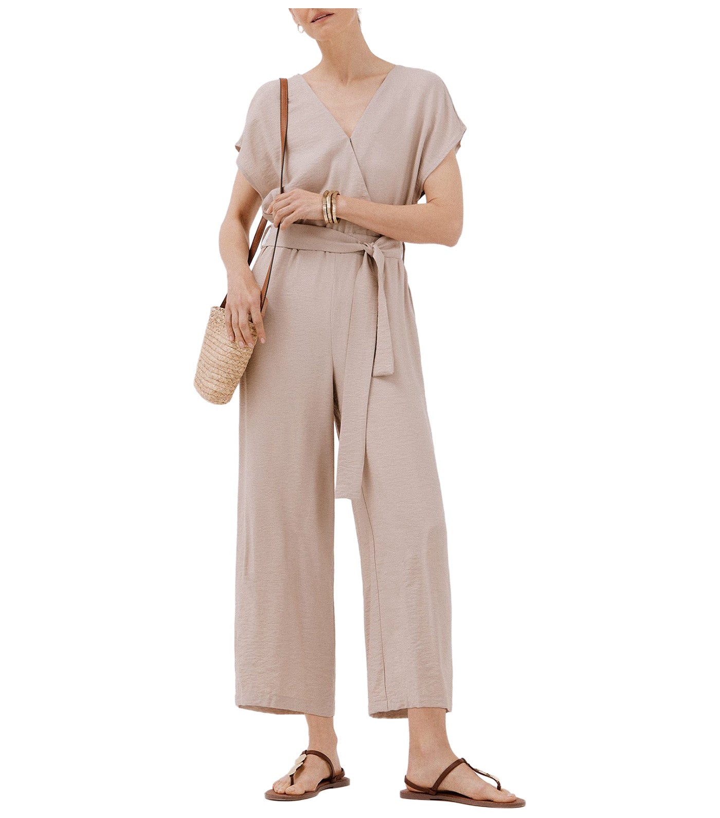 Cortefiel Print Crossover Jumpsuit Sand