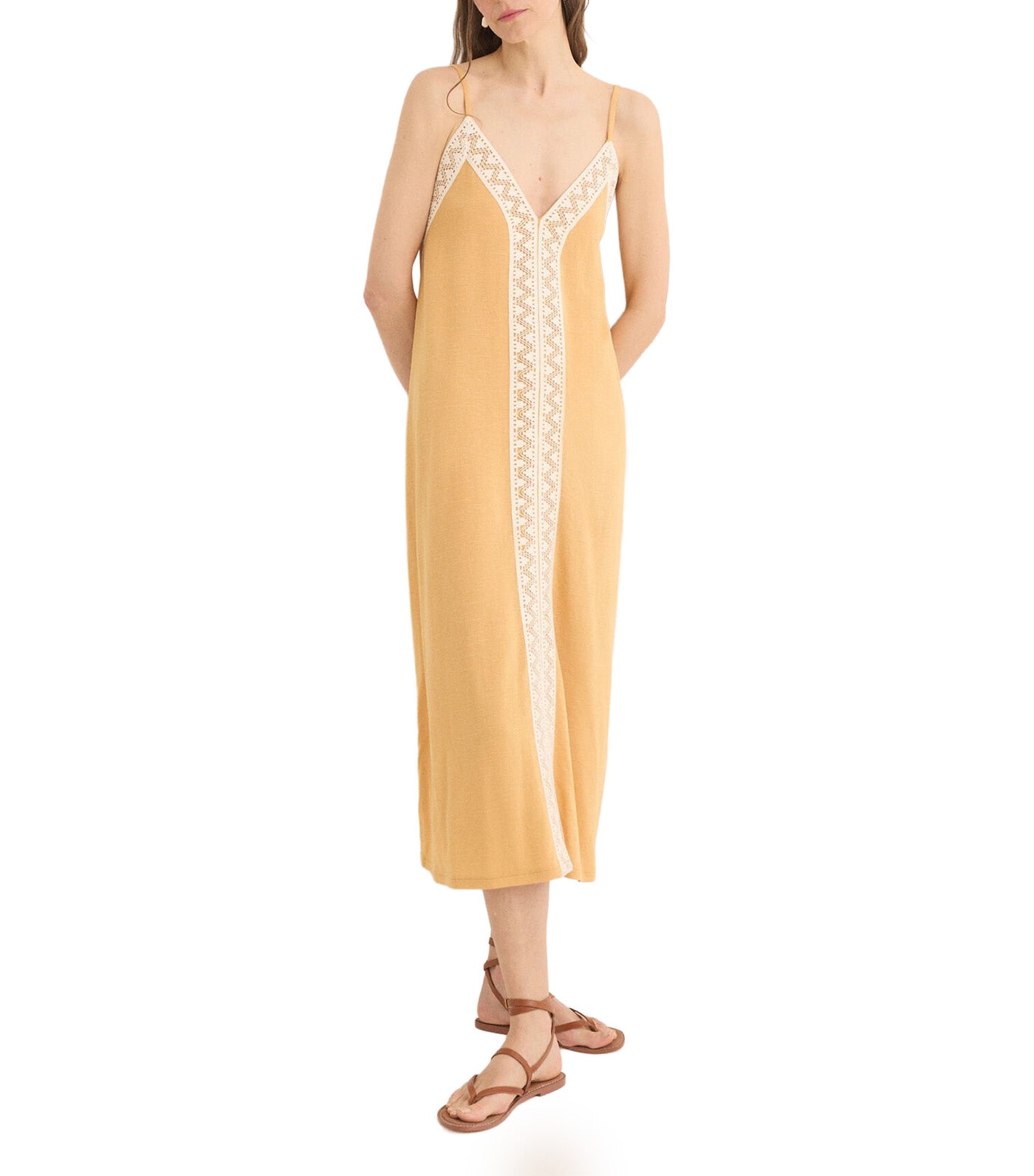 Cortefiel Contrast Cotton Lace Dress Sand