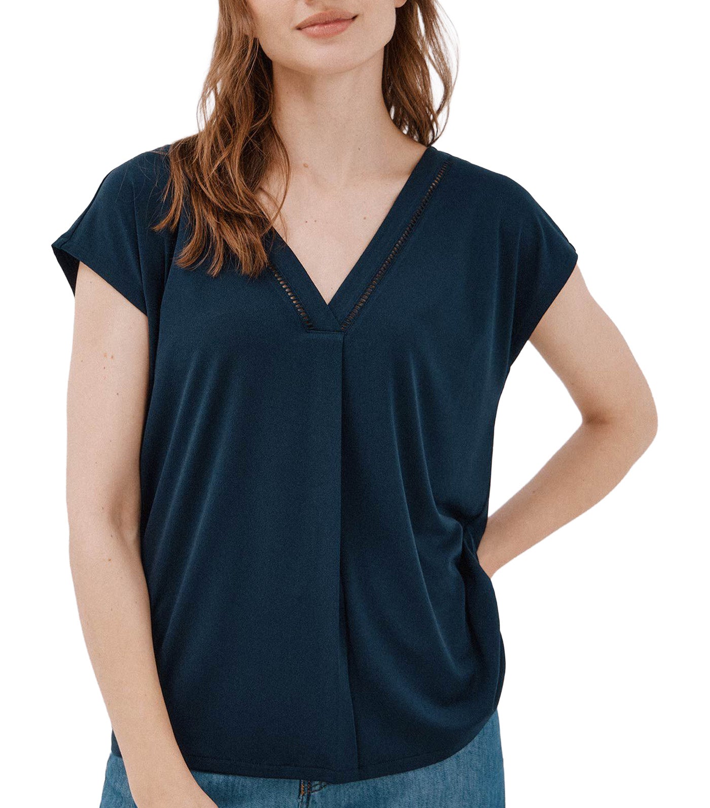 Cortefiel V-Neck T-Shirt with Lace Detail Navy