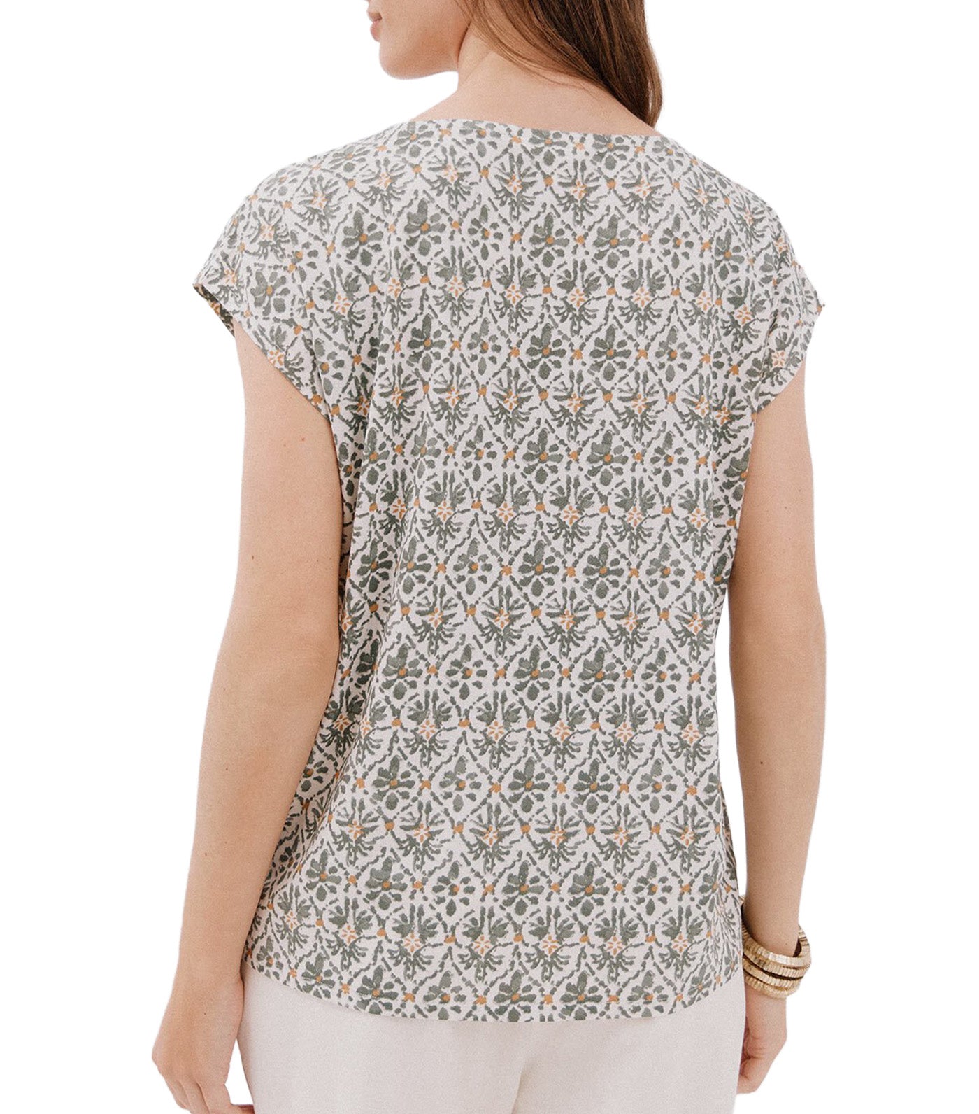 Cortefiel V-Neck T-Shirt with Lace Detail Green Print