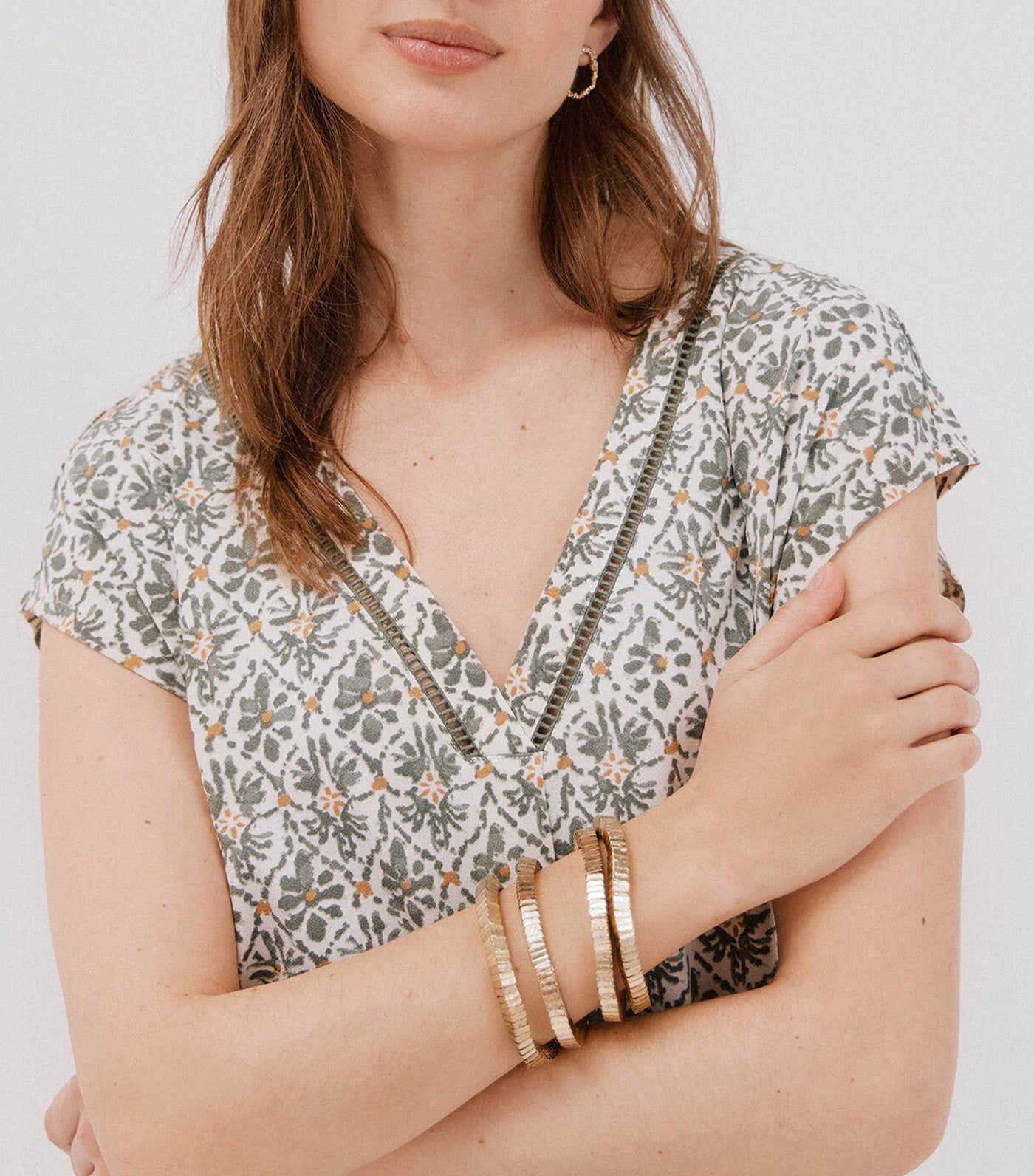 Cortefiel V-Neck T-Shirt with Lace Detail Green Print