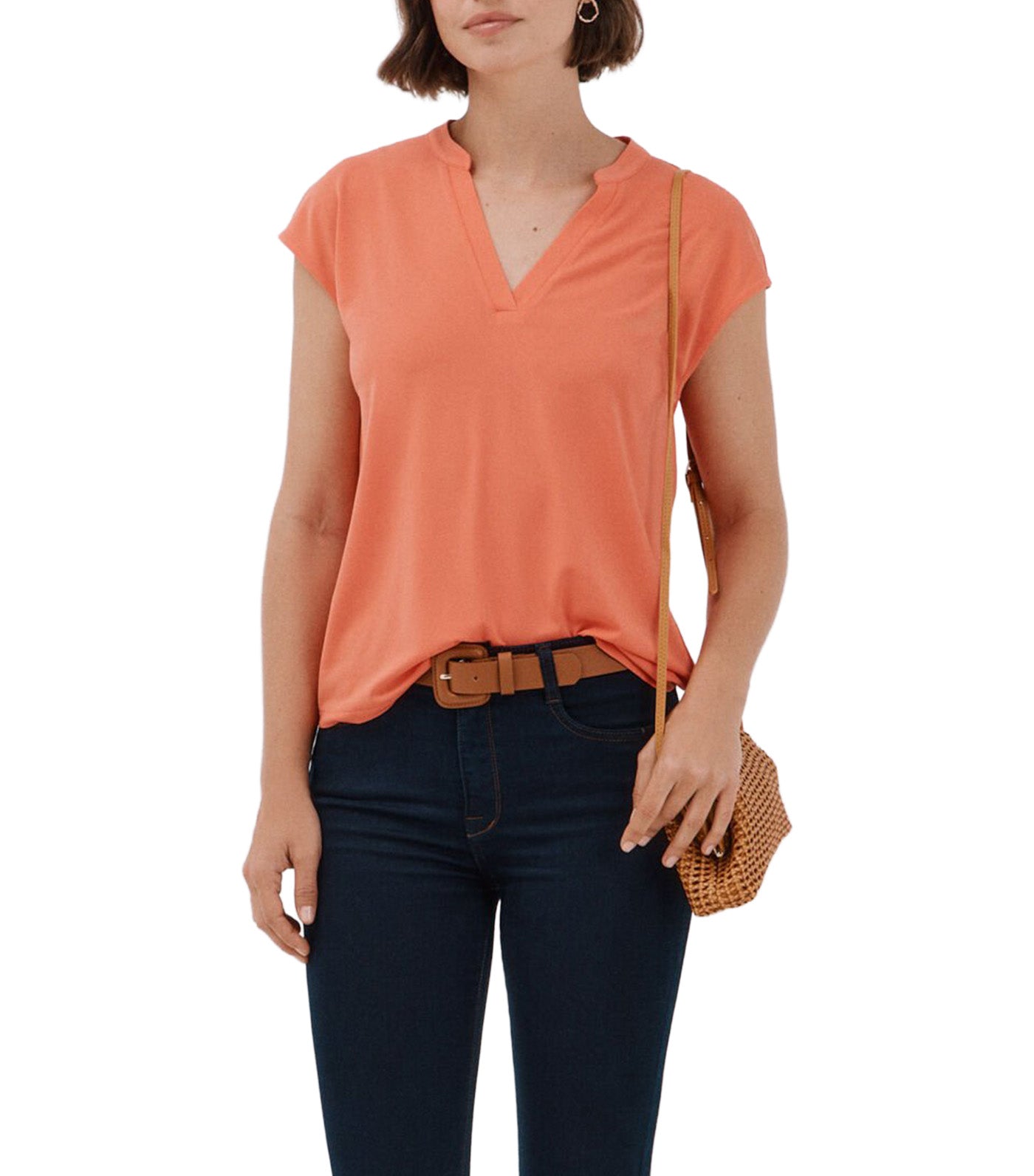 Cortefiel Basic Mandarin Collar T-Shirt Coral