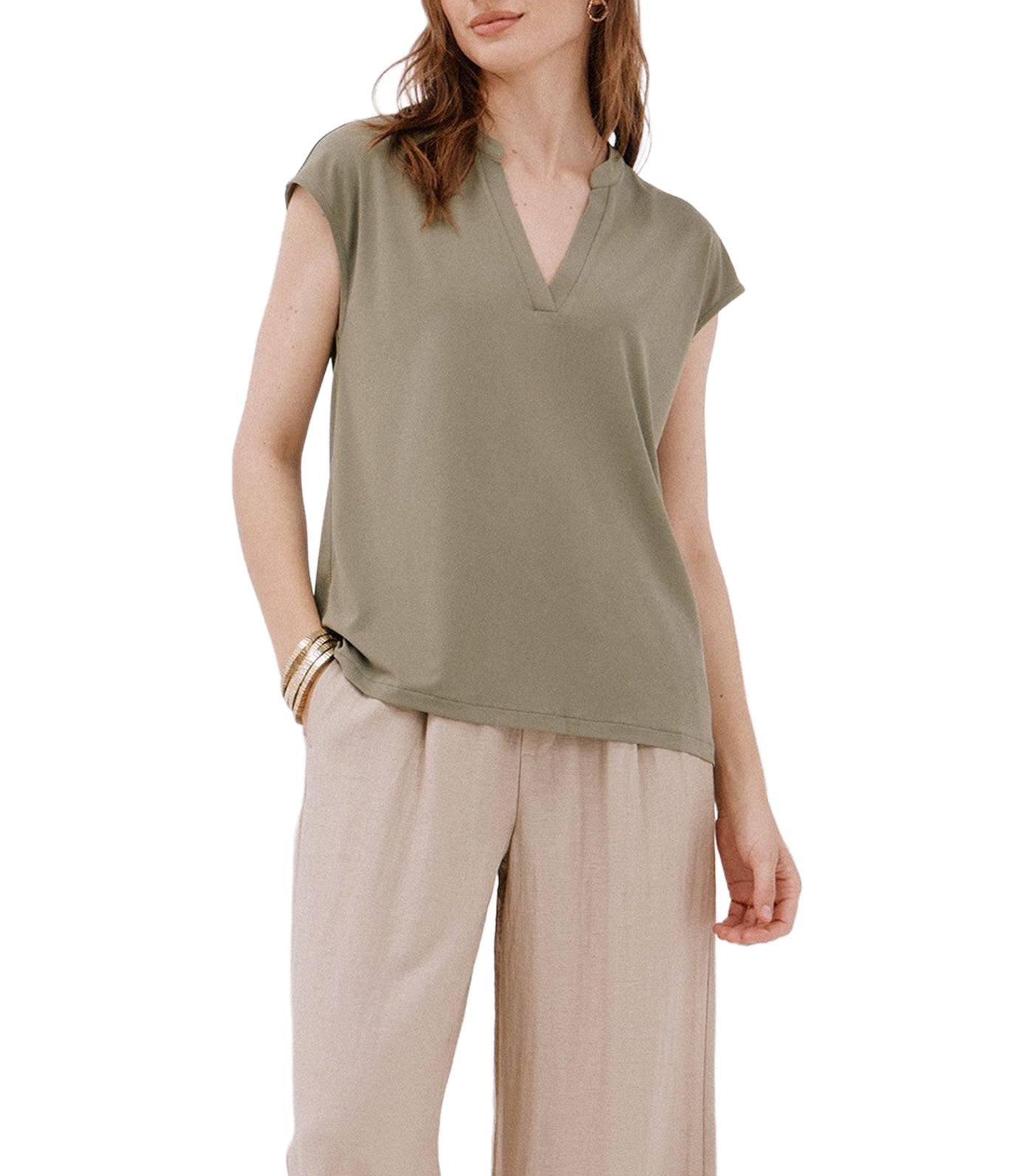 Cortefiel Basic Mandarin Collar T-Shirt Light Khaki