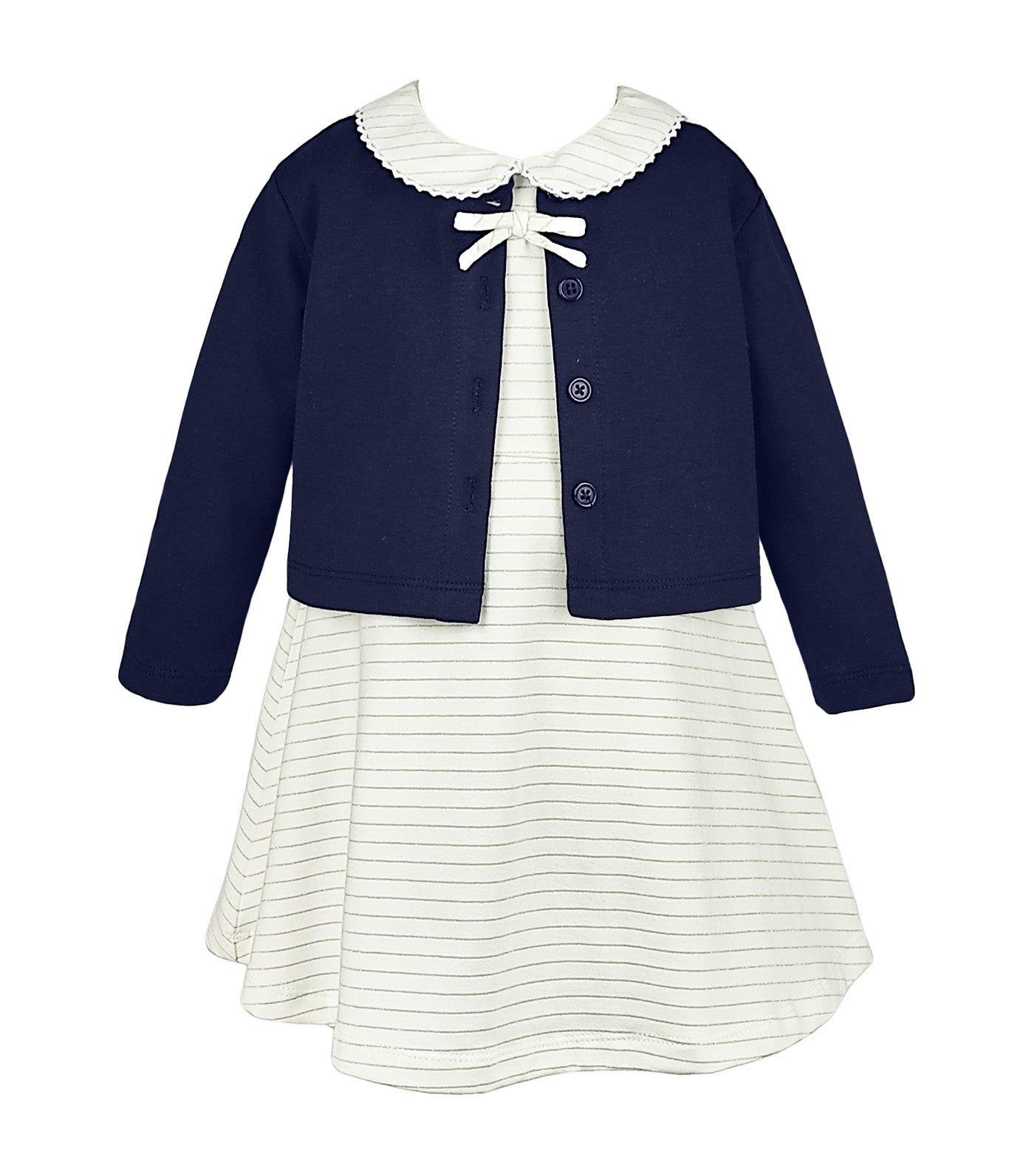 Ivoree Baby Girls Dress and Cardigan Set Ivory/Navy