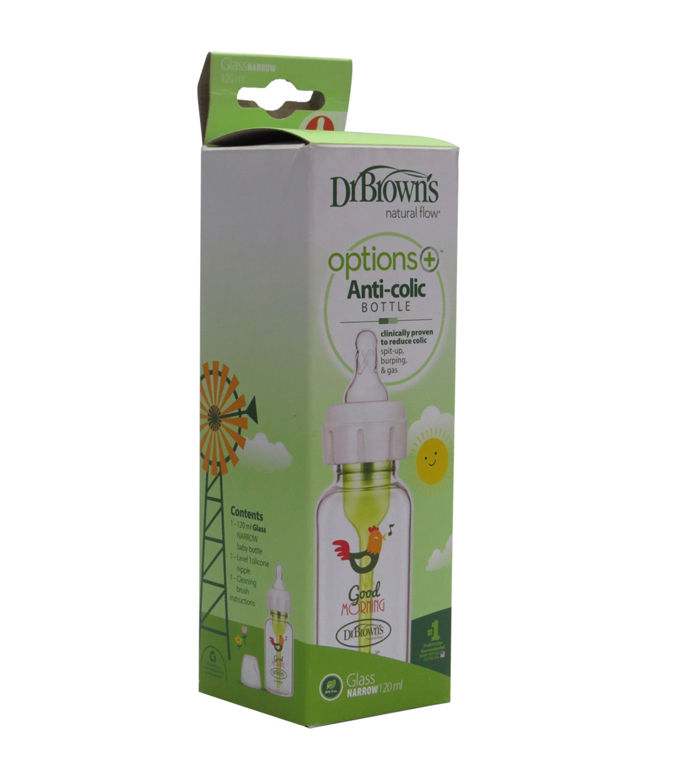 Feeding Bottle Glass Options+ Narrow-Neck 1-Pack 120ml - Rooster