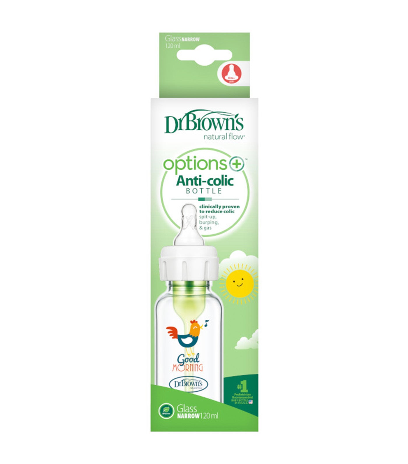 Feeding Bottle Glass Options+ Narrow-Neck 1-Pack 120ml - Rooster