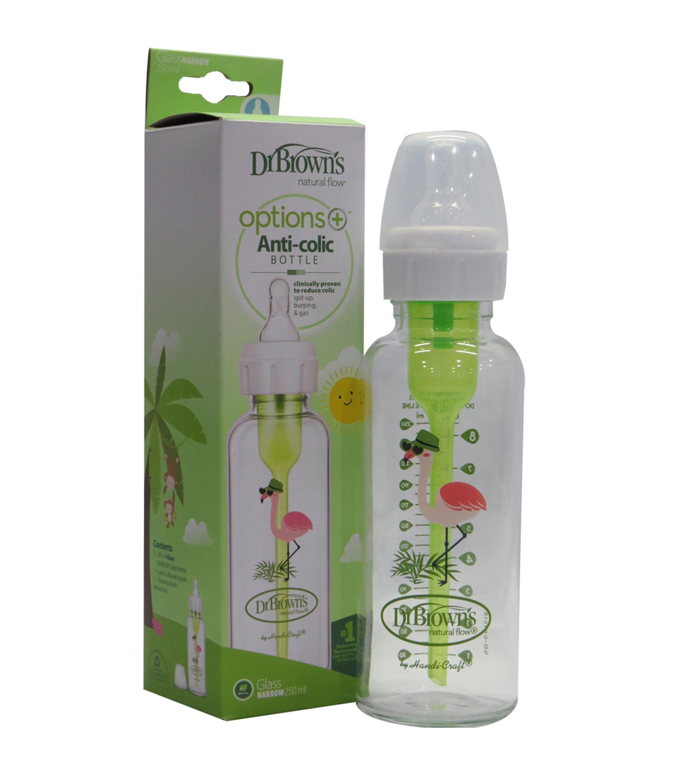 Feeding Bottle Glass Options+ Narrow-Neck Level 2 Nip 250ml - Flamingo