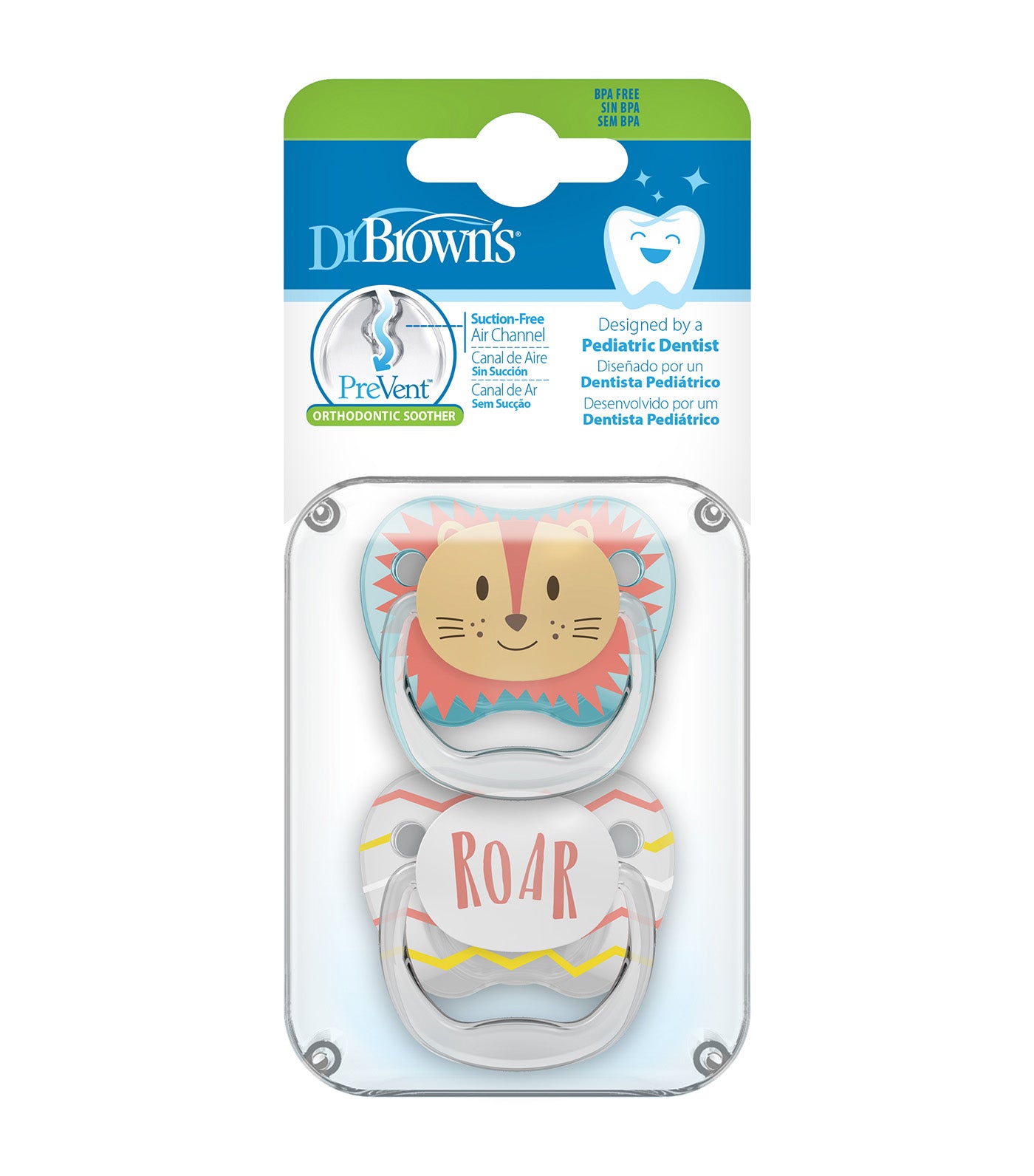 PreVent Printed Shield Stage 1 Pacifier, Animal Faces, 2 Pieces/Pack