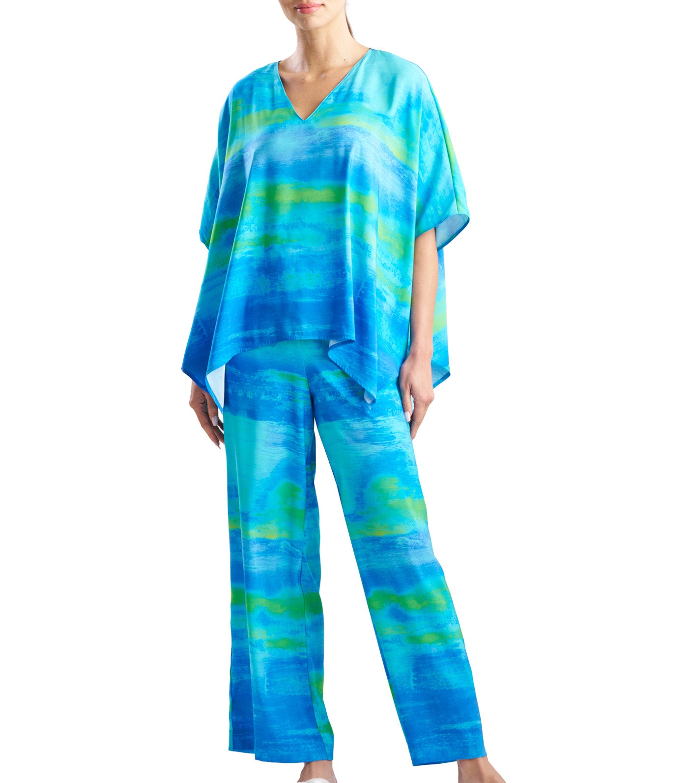 Aurora Printed Satin Caftan Top Azure