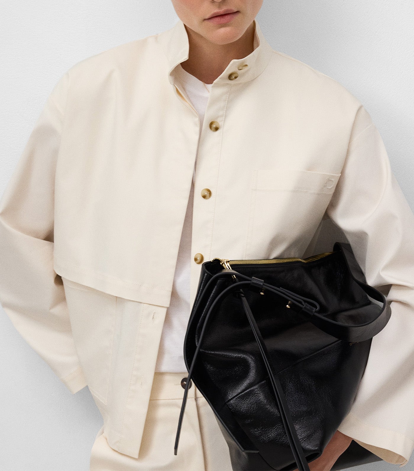 Funnel Neck Shirt with Front Yoke Ecru