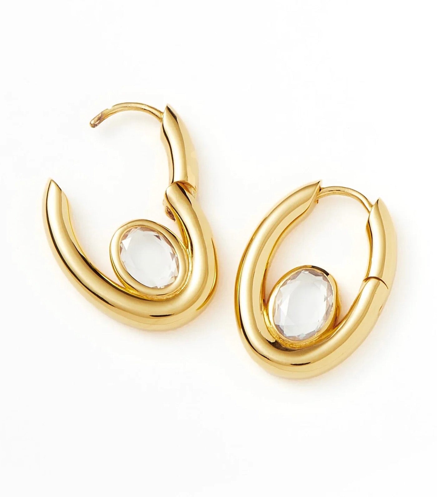 Oval Stone Medium Hoop Earrings Gold