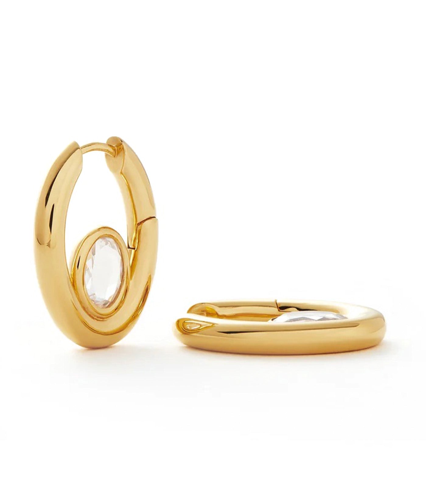 Oval Stone Medium Hoop Earrings Gold