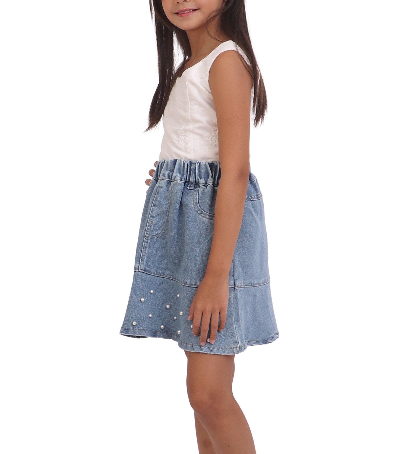 Greta Girls Denim Skirt with Pearl