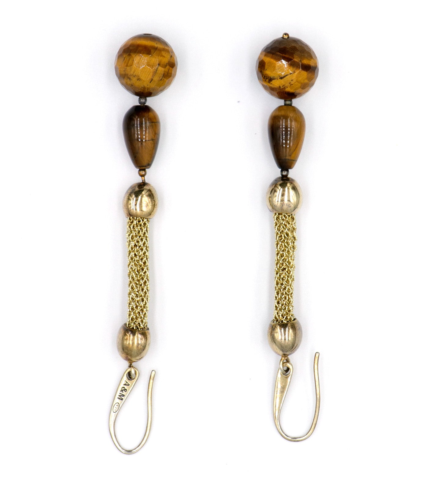 Stainless Steel Yellow Gold Plated Gold Mesh Tiger Eye Earrings