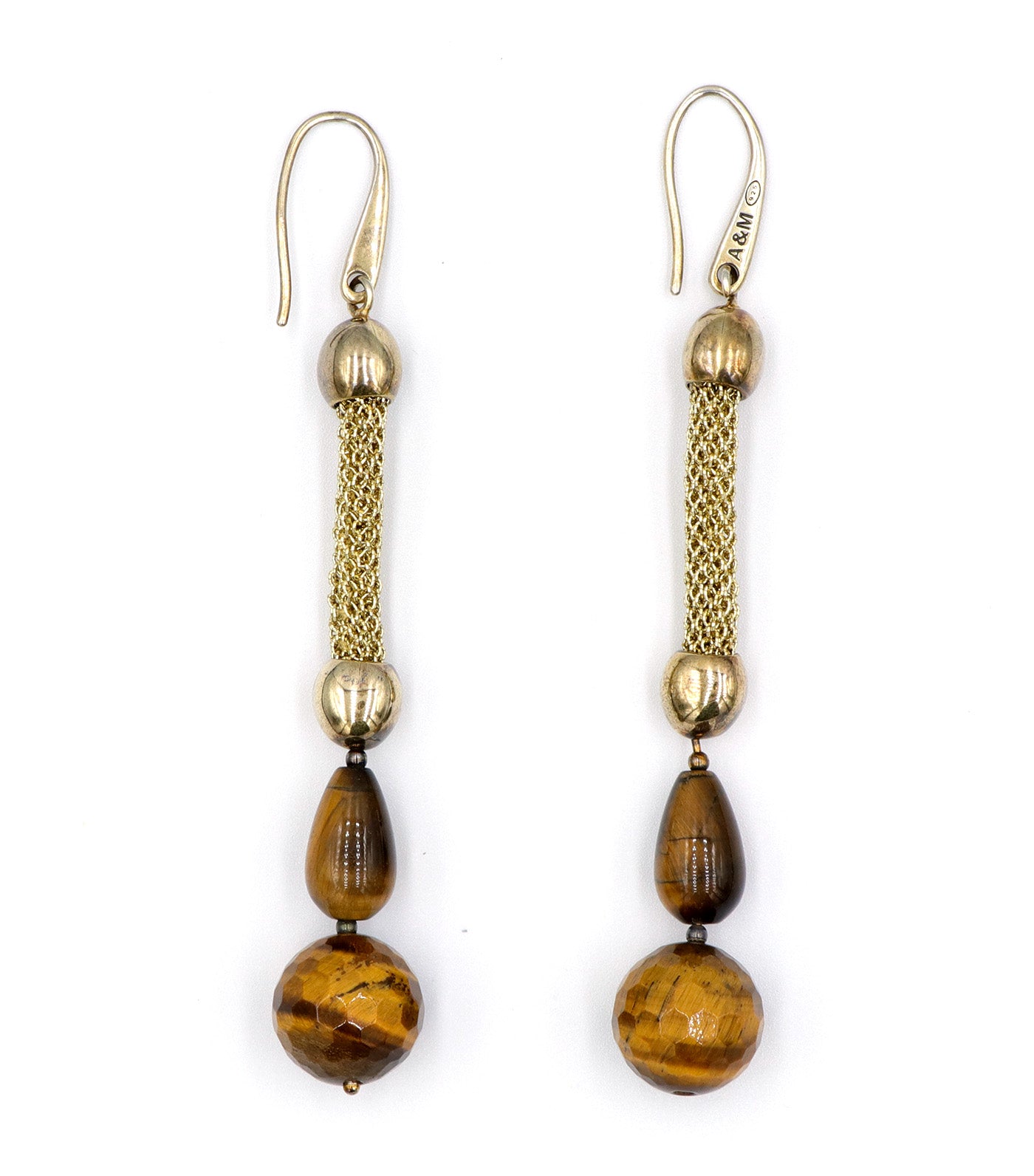 Stainless Steel Yellow Gold Plated Gold Mesh Tiger Eye Earrings