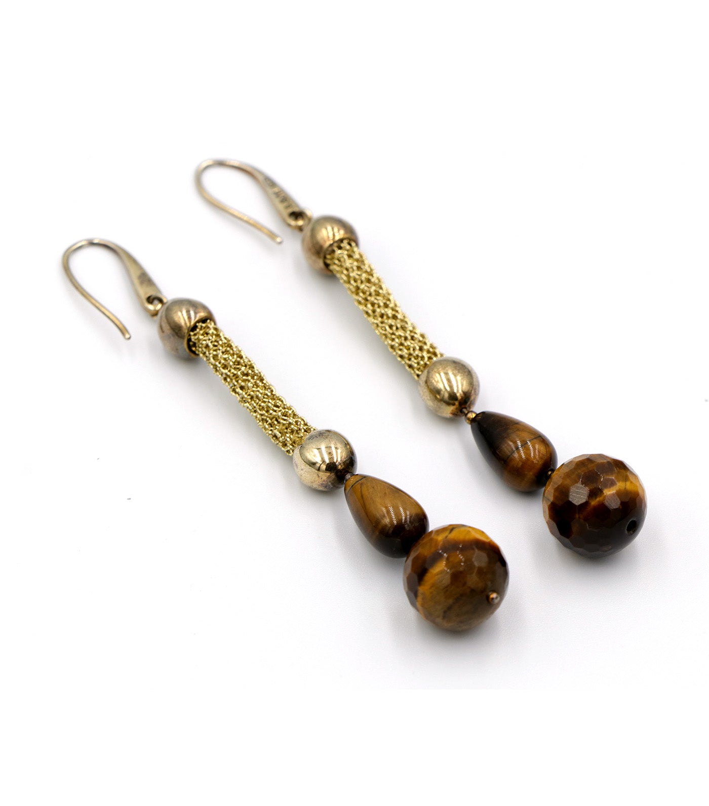 Stainless Steel Yellow Gold Plated Gold Mesh Tiger Eye Earrings