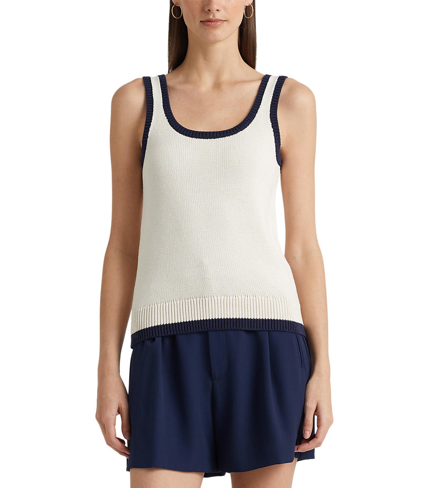 Women's Two-Tone Cotton-Blend Sleeveless Sweater Mascarpone Cream/French Navy