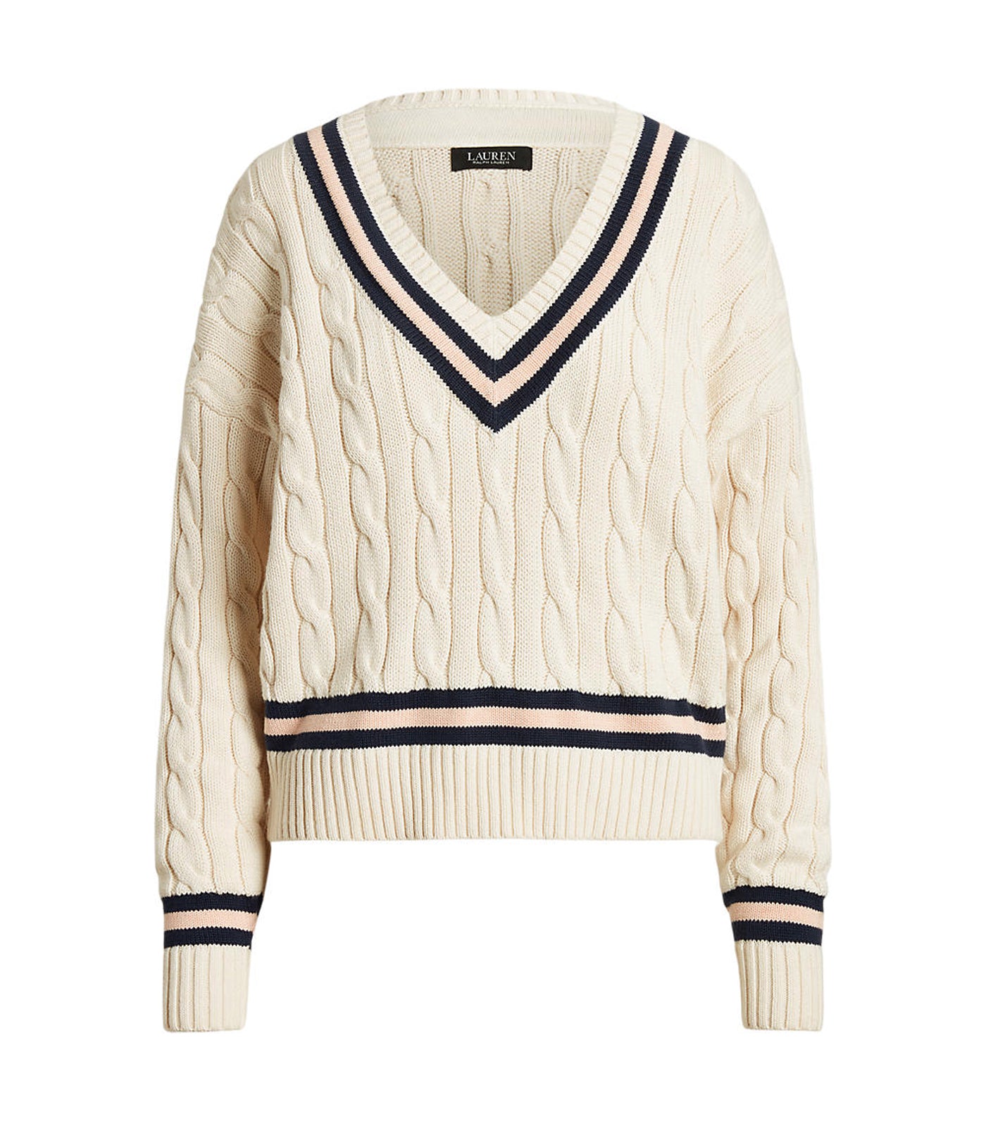 Women's Cable-Knit Cricket Sweater Cream/Navy/Pink