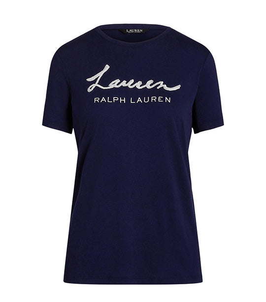 Women's Sequined Logo Jersey Tee French Navy