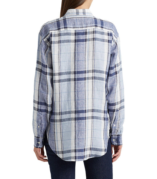 Women's Floral and Plaid Linen Shirt Blue/White