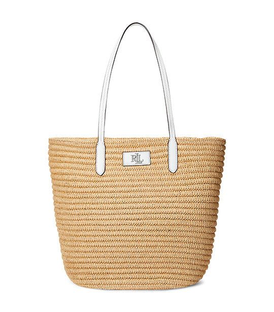 Women's Leather-Trim Straw Large Brie Tote Bag Natural/White