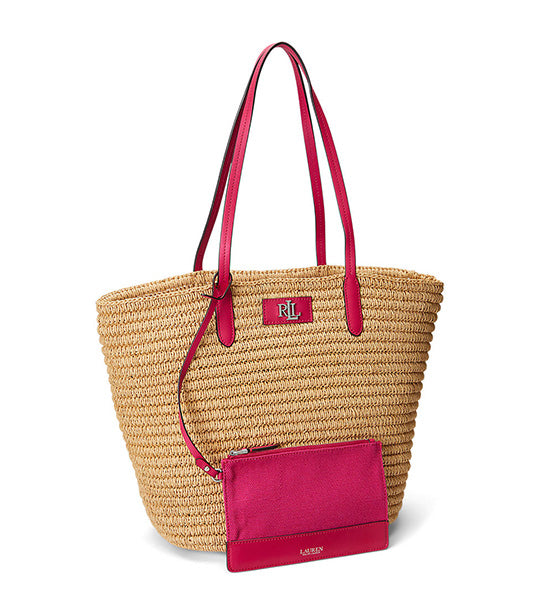 Women's Leather-Trim Straw Large Brie Tote Bag Natural/Sport Pink