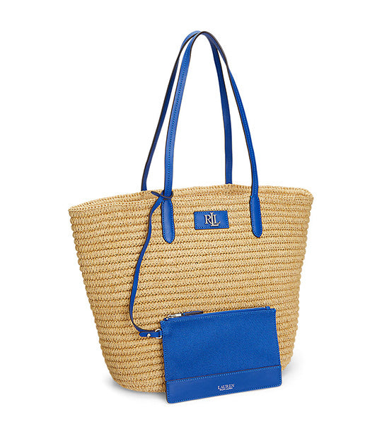 Women's Leather-Trim Straw Large Brie Tote Bag Natural/Blue Saturn