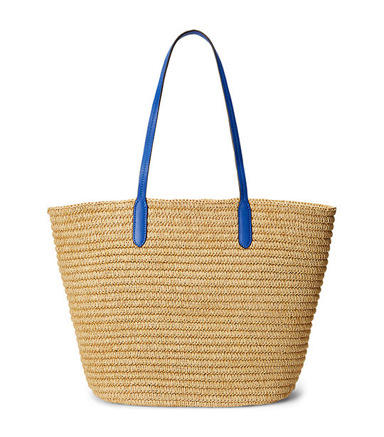 Women's Leather-Trim Straw Large Brie Tote Bag Natural/Blue Saturn