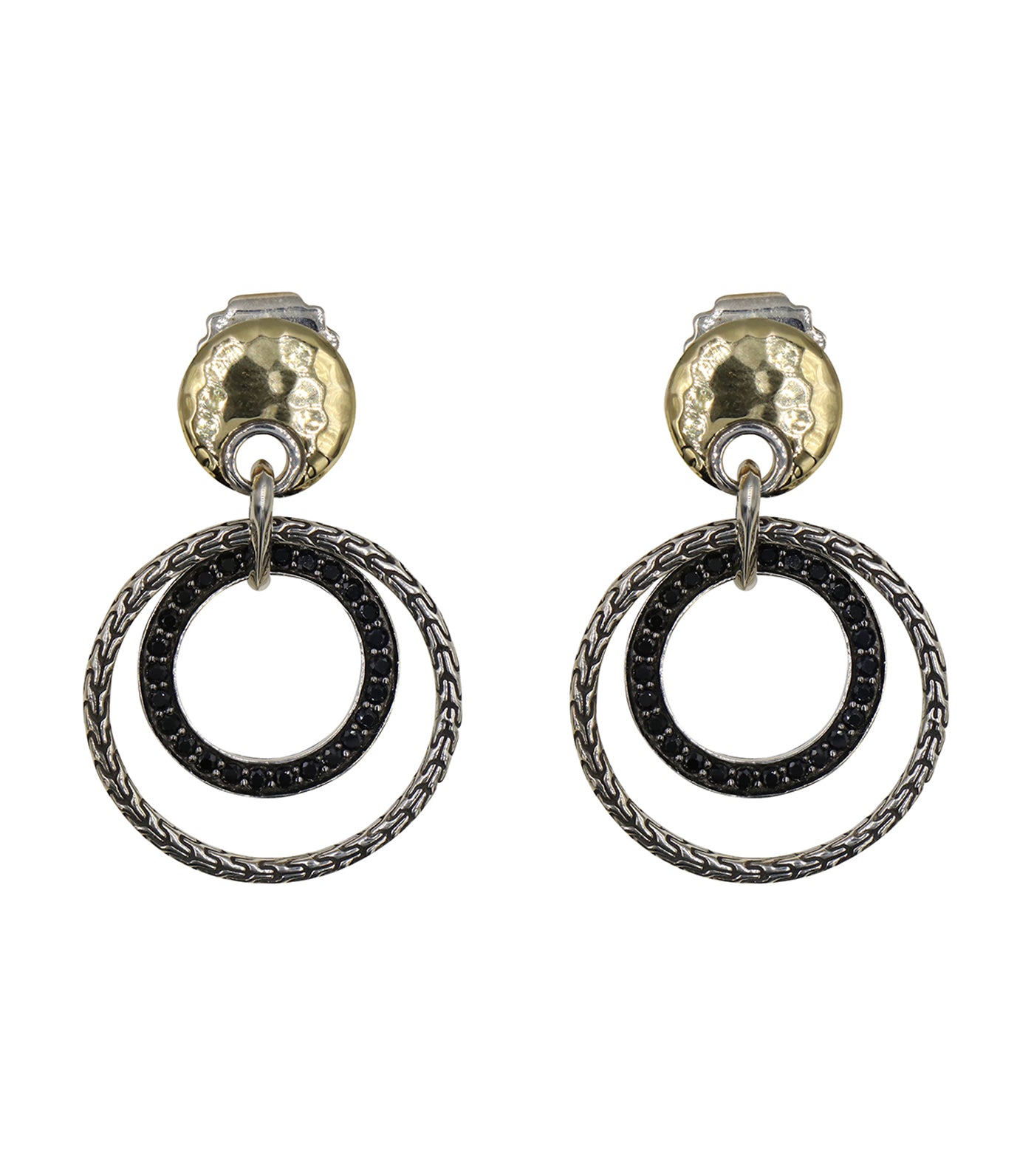 Classic Chain Hammered 18K Gold and Silver Earrings with Treated Black Sapphire BG