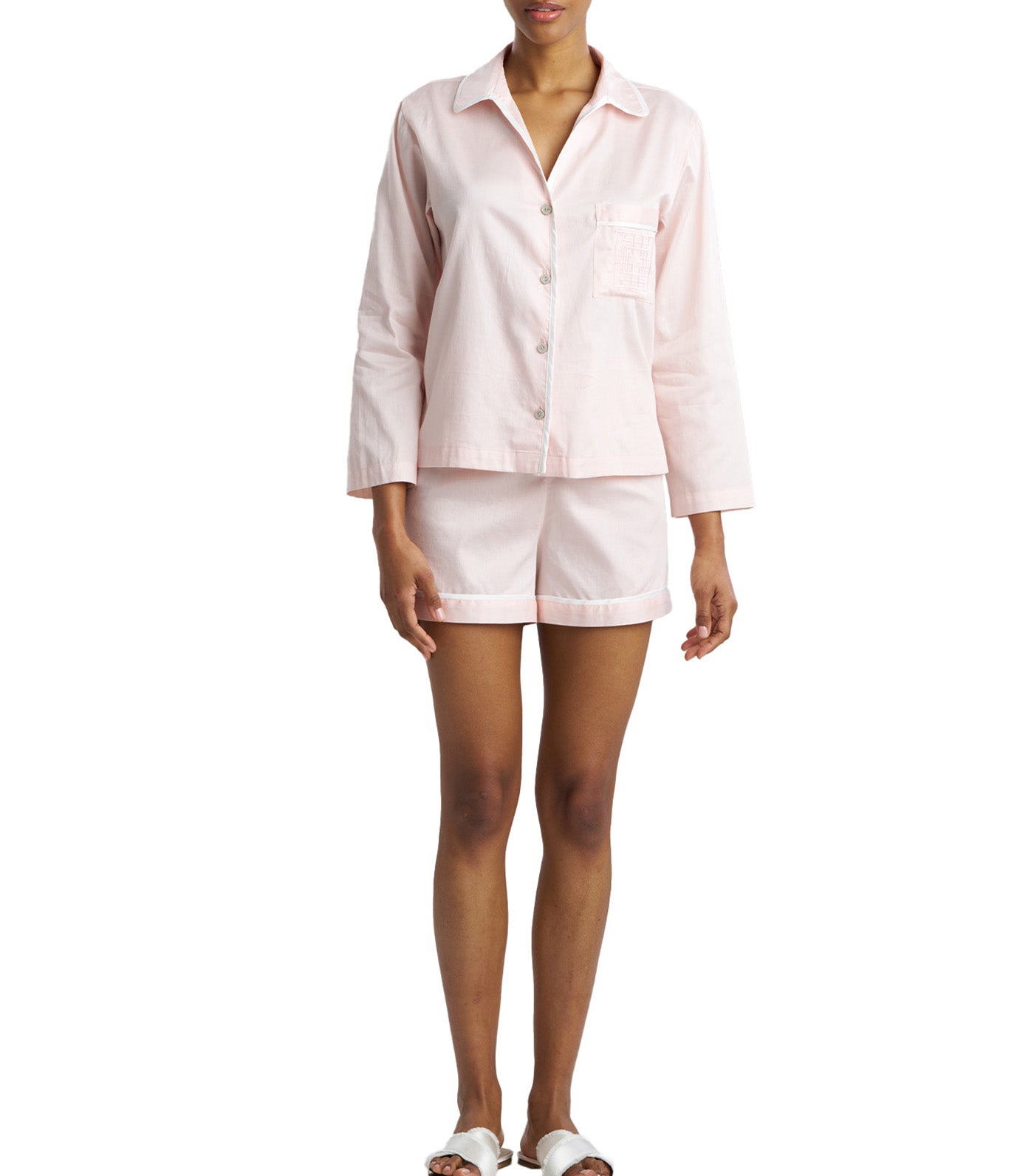 Cotton Sateen Embroidered Essentials Notch Pajama Shorts Set Blush Pink