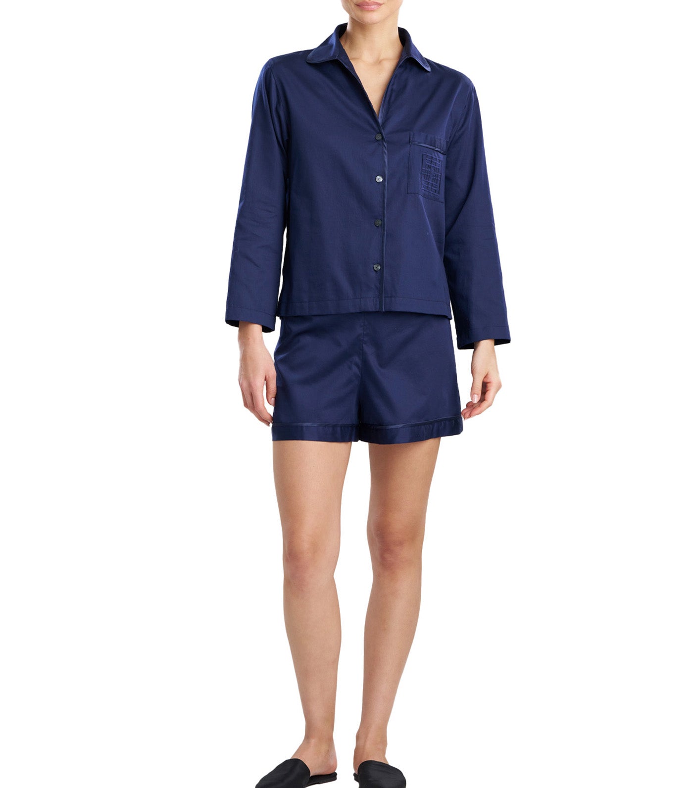 Cotton Sateen Embroidered Essentials Notch Shorts Pajama Set Midnight Navy