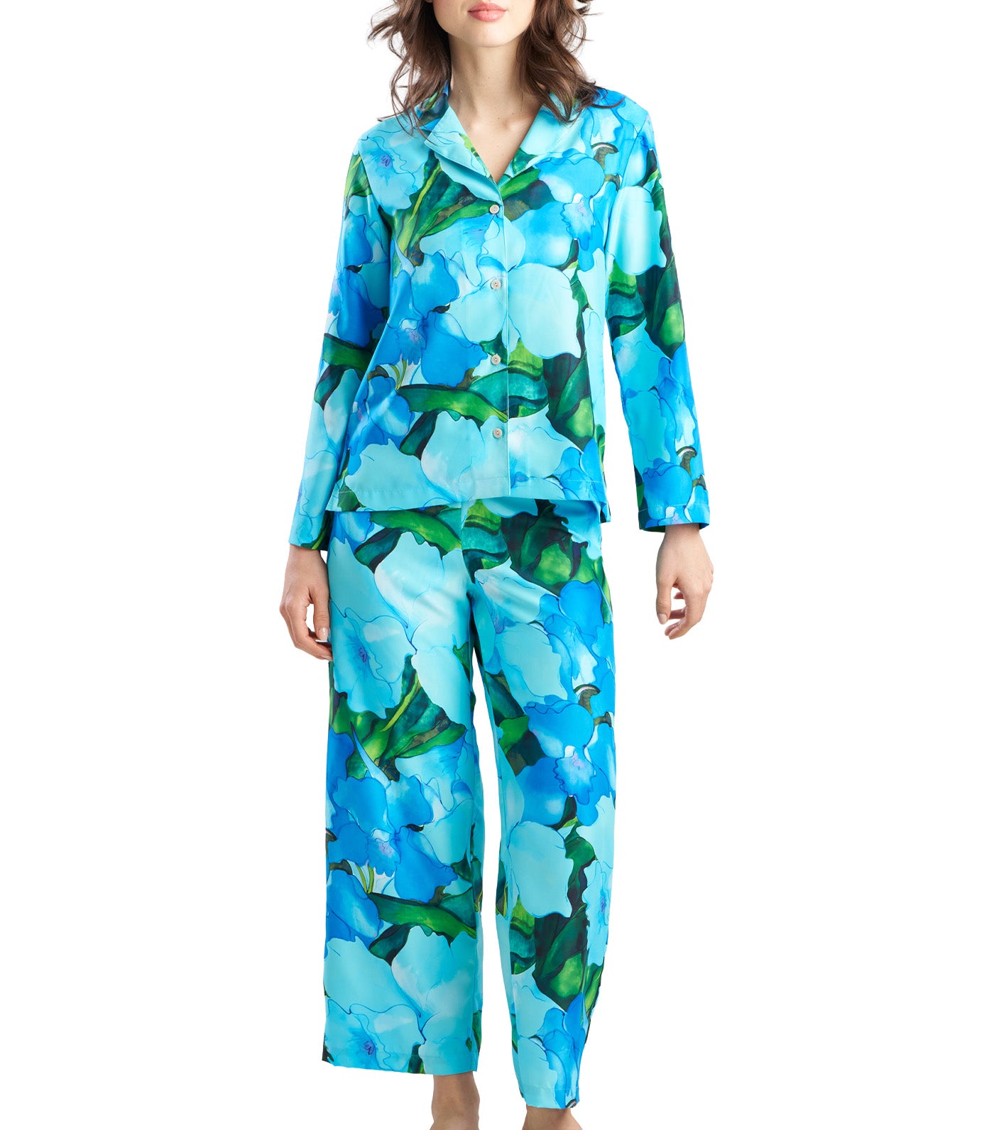 Isla Printed Satin Notch PJ Set Blue