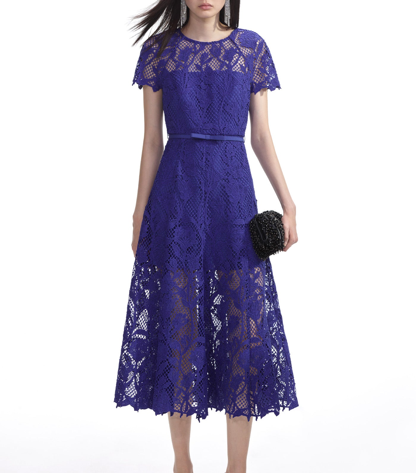 cobalt blue lace midi dress