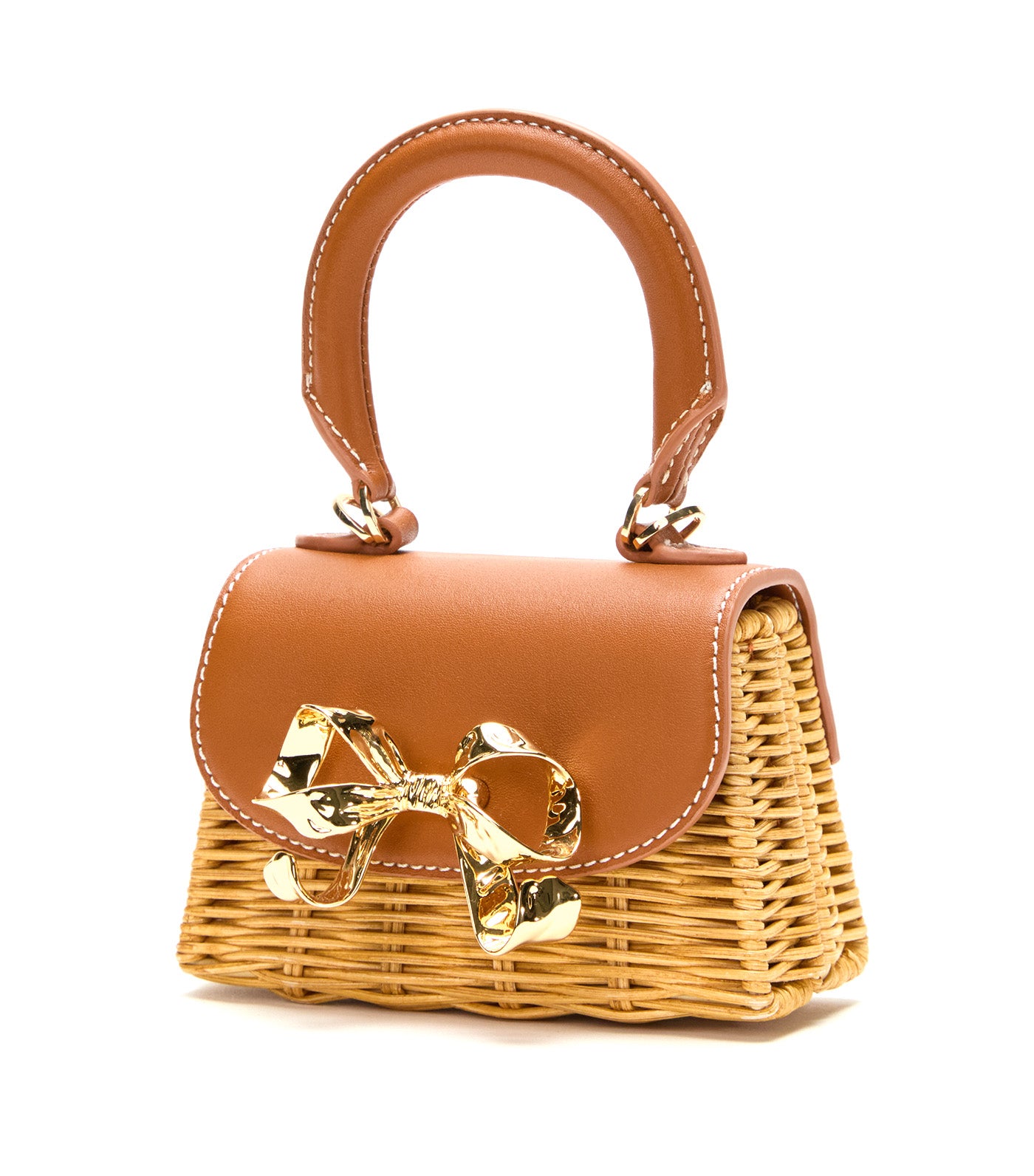 【SELF PORTRAIT】 Bow leather-trimmed rattan basket bag Bow leather-trimmed rattan basket bag in neutrals - Self