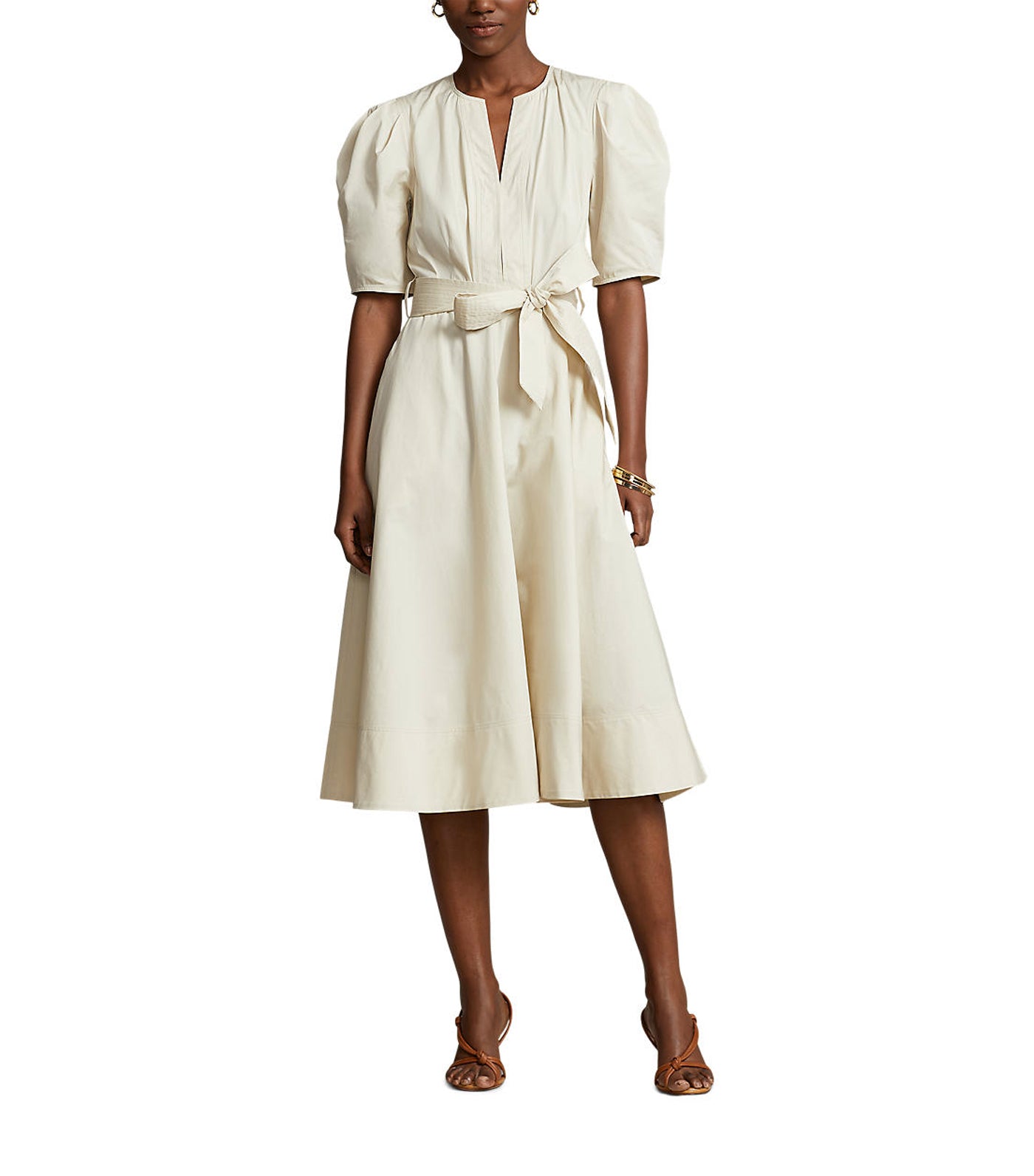 Women's Handkerchief Cotton Puffed-Sleeve Dress Basic Sand