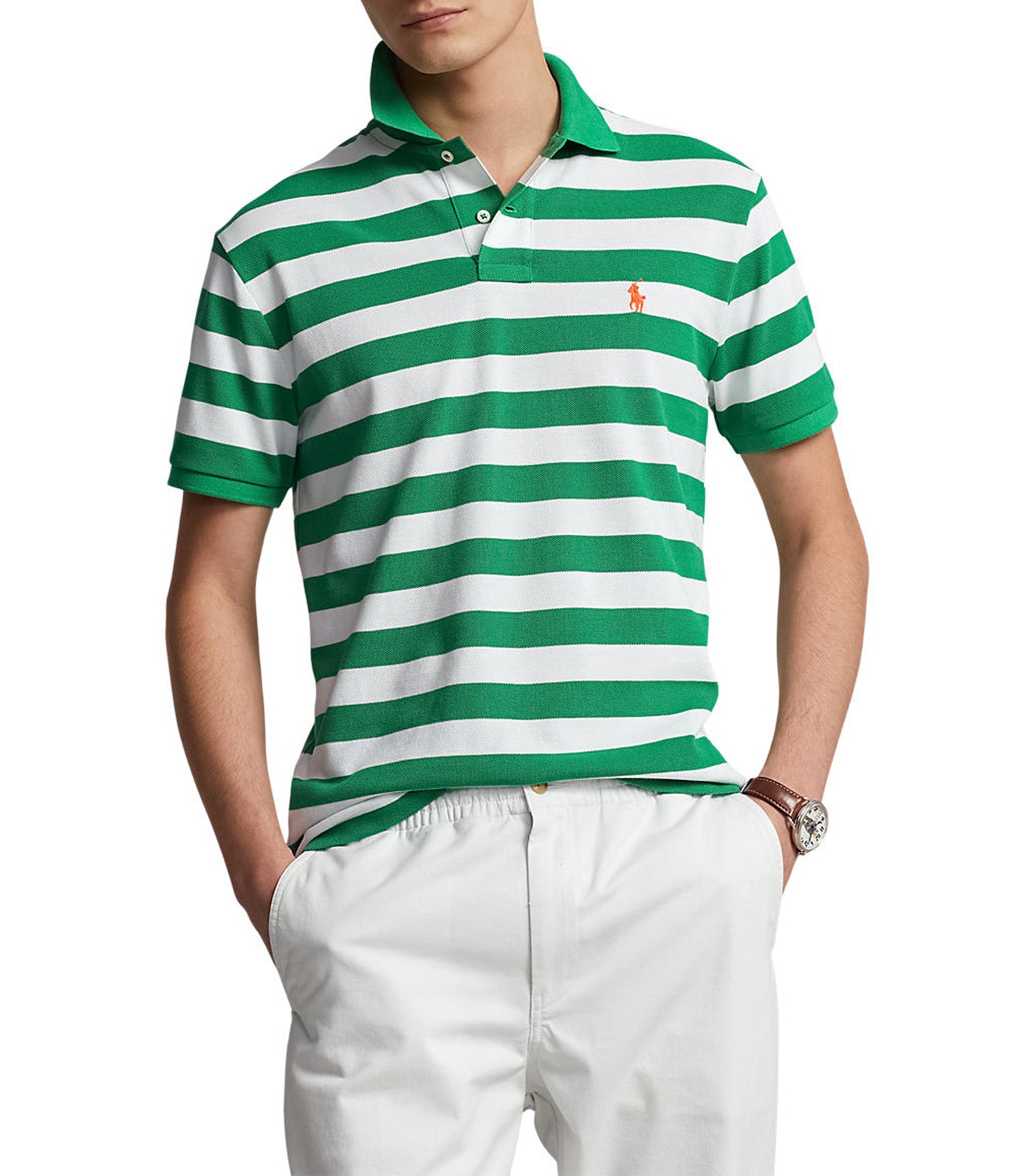 Men's Custom Slim Fit Striped Mesh Polo Shirt Lifeboat Green/White