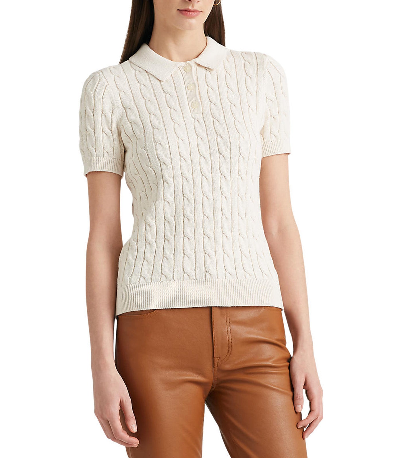 Women's Cable-Knit Cotton Polo Sweater Mascarpone Cream