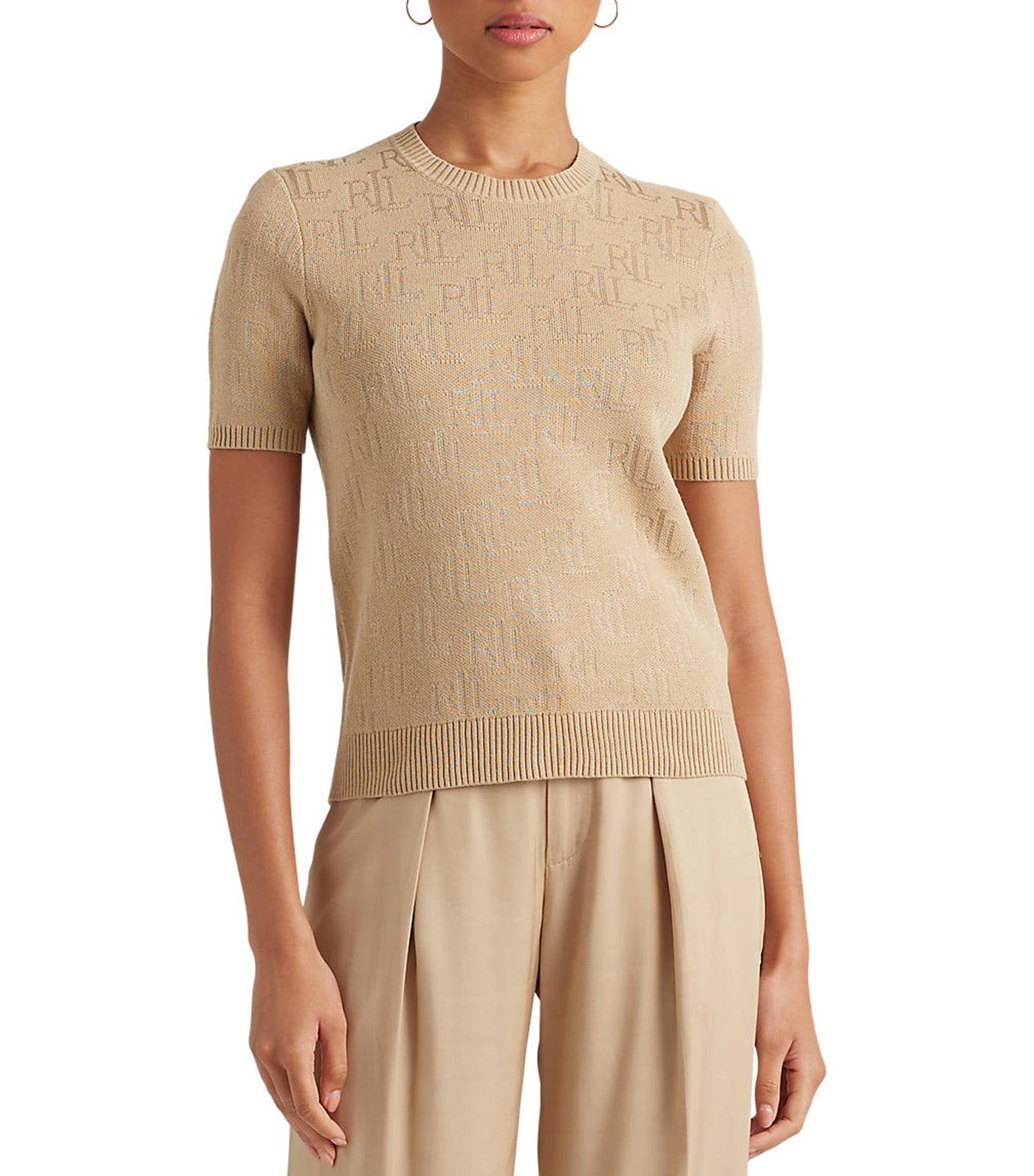 Women's Monogram Jacquard Short-Sleeve Sweater Birch-Tan