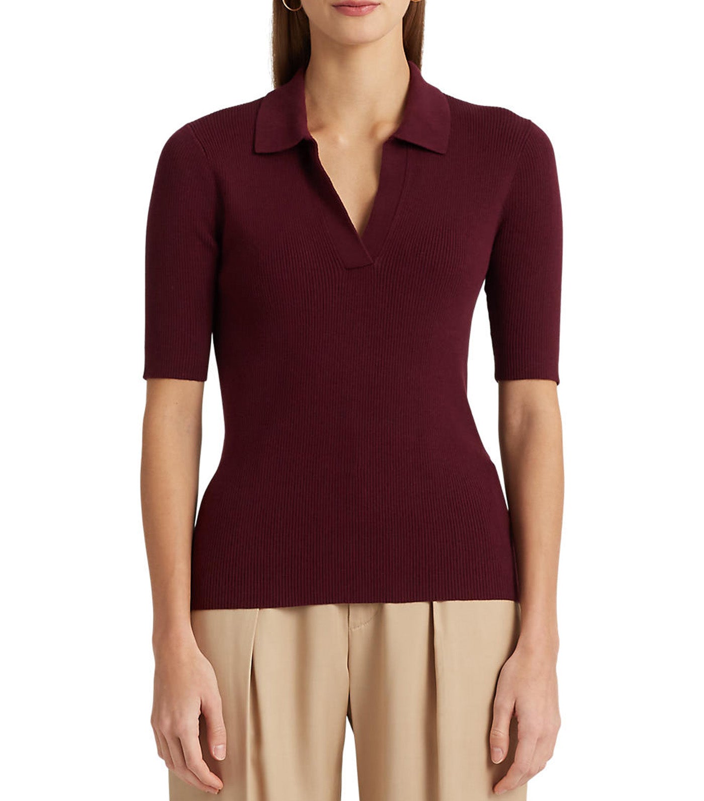 Lauren Ralph Lauren Women's Rib-Knit Cotton-Blend Polo Sweater