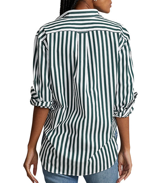Women's Relaxed Fit Striped Cotton Shirt Olive/White