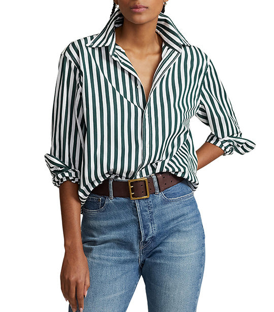 Women's Relaxed Fit Striped Cotton Shirt Olive/White