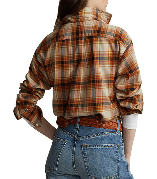Women's Relaxed Fit Plaid Cotton Shirt Tan Multi