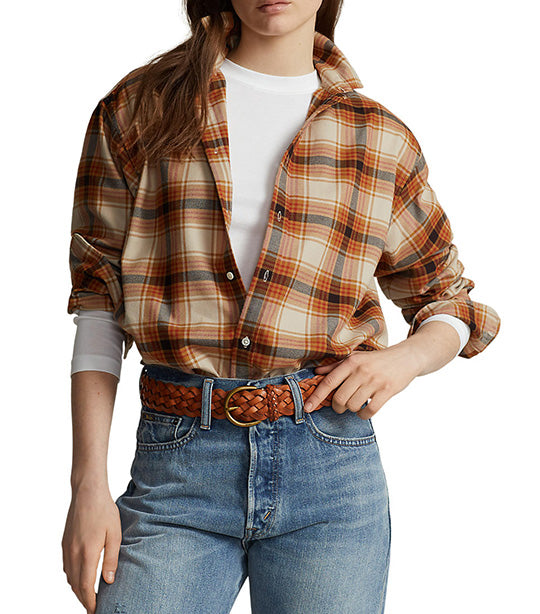 Women's Relaxed Fit Plaid Cotton Shirt Tan Multi