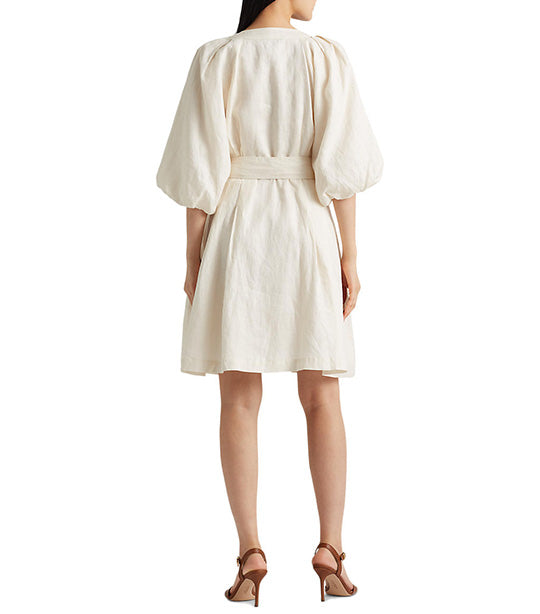 Women's Belted Linen Bubble-Sleeve Dress Mascarpone Cream
