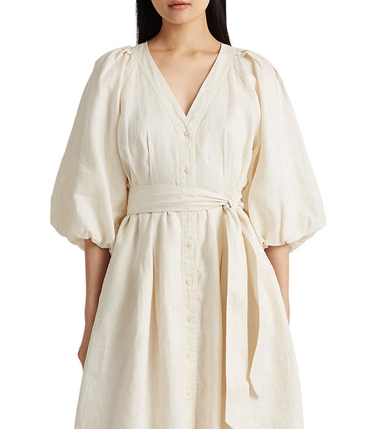 Women's Belted Linen Bubble-Sleeve Dress Mascarpone Cream