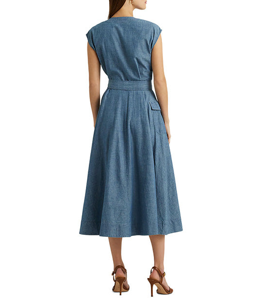 Women's Belted Denim Cap-Sleeve Dress Denim Blue