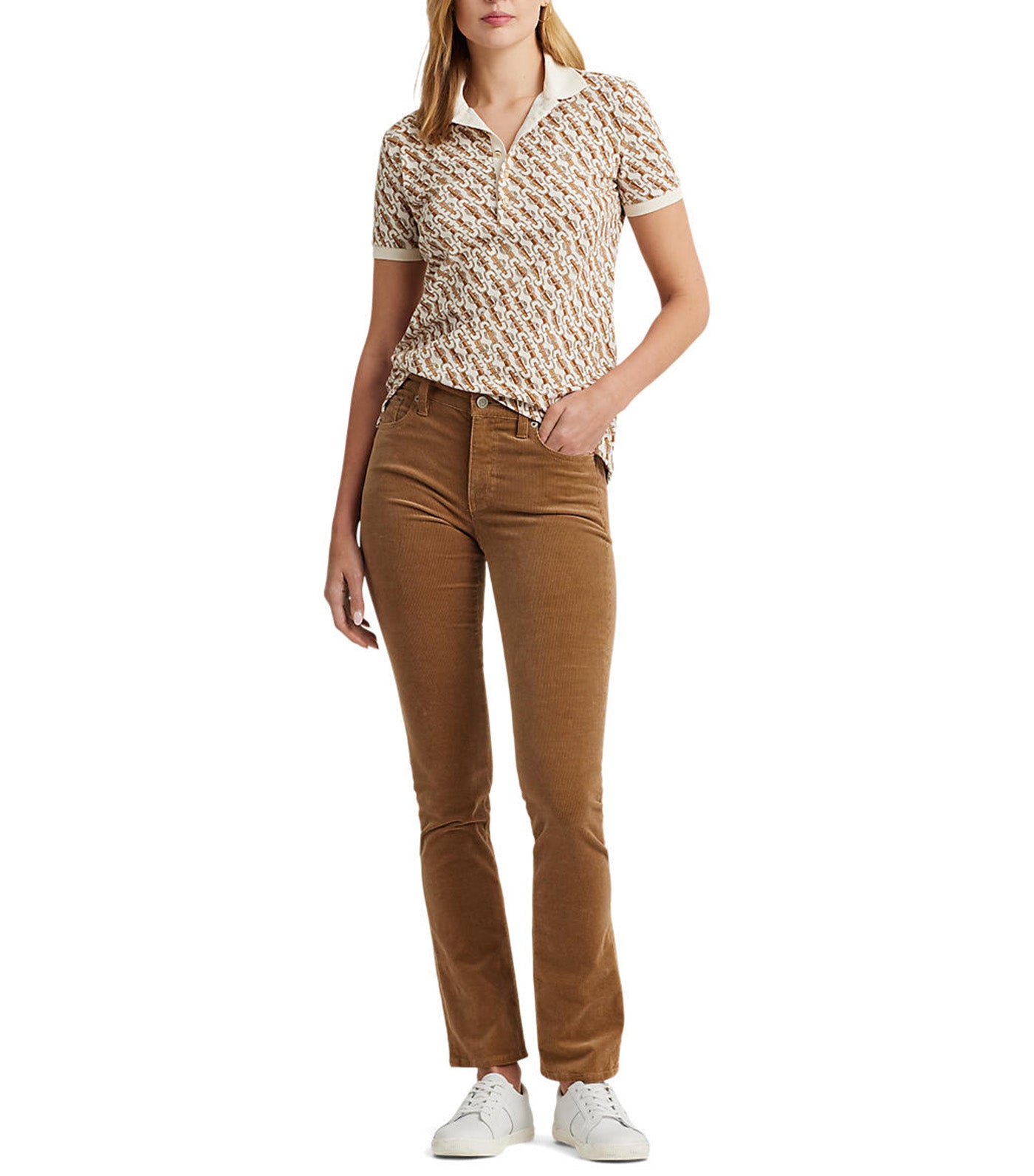 Women's Belting-Print Piqué Polo Shirt Cream Multi