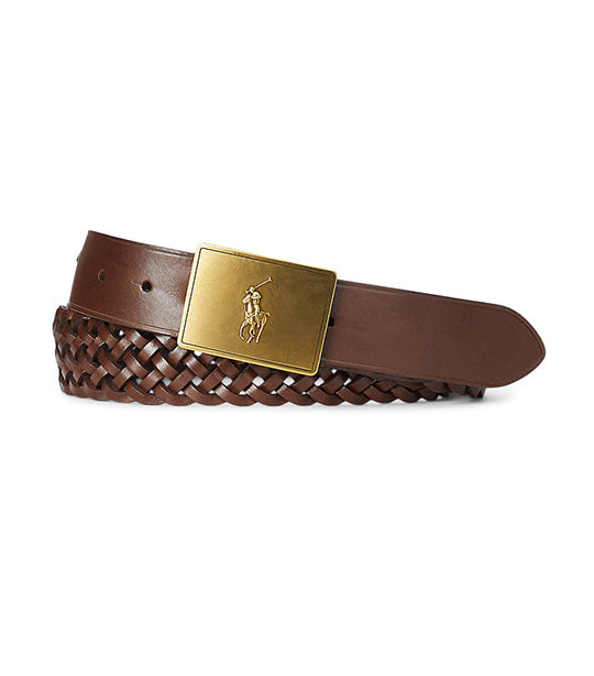 Men's Pony Plaque Braided Leather Belt Brown
